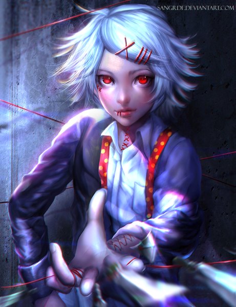 Anime picture 2485x3234 with tokyo ghoul studio pierrot suzuya juuzou sangrde single tall image looking at viewer fringe highres short hair red eyes silver hair lips girl shirt white shirt thread red thread stitches