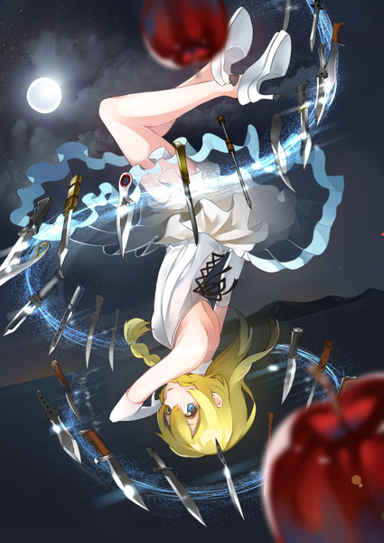 Anime picture 708x1000 with original hitotose hirune single long hair tall image looking at viewer blue eyes blonde hair bare shoulders bent knee (knees) braid (braids) blurry night bare legs high heels night sky magic single braid mountain upside down