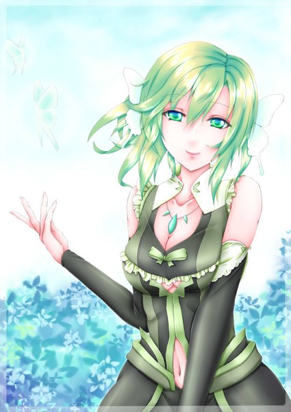 Anime picture 992x1402 with original siki amasa single tall image looking at viewer short hair bare shoulders green eyes green hair girl dress navel bow hair bow detached sleeves