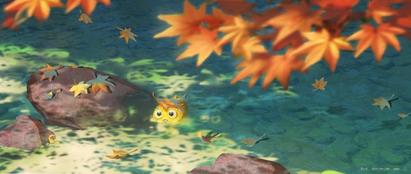 Anime picture 4700x2001 with original lost elle looking at viewer highres wide image absurdres sunlight shadow no people animal water leaf (leaves) fish (fishes) autumn leaves stone (stones) maple leaf