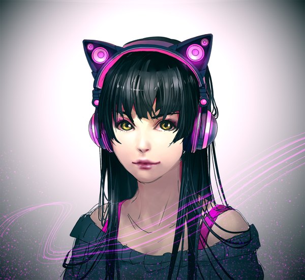Anime picture 1500x1375 with original axent wear headphones yuumei single long hair looking at viewer fringe black hair simple background yellow eyes light smile grey background close-up girl headphones cat ear headphones
