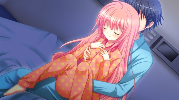 Anime picture 1280x720 with kessen! long hair wide image pink hair game cg eyes closed loli girl boy pajamas