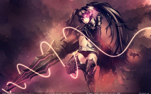 Anime picture 1920x1200 with black rock shooter insane black rock shooter roberto-miak (artist) single long hair highres black hair wide image twintails glowing watermark scar glowing eye (eyes) girl gloves navel weapon sword shorts armor