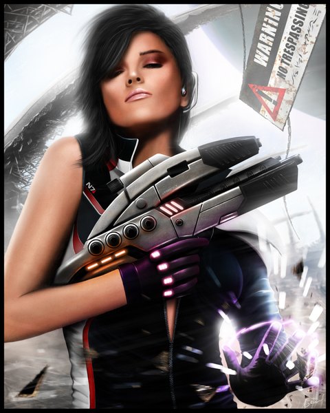 Anime picture 1500x1875 with mass effect mass effect 2 original gerald jelitto tall image short hair black hair lips black eyes realistic light girl gloves headphones gun pistol