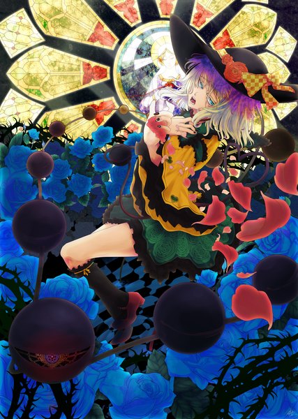 Anime picture 1920x2700 with touhou komeiji koishi kumonji aruto single tall image highres short hair blonde hair girl dress flower (flowers) hat rose (roses) blue rose stained glass