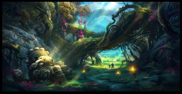 Anime picture 1946x1007 with original ivany86 (artist) highres wide image sunlight multiple boys landscape scenic nature panorama boy flower (flowers) plant (plants) tree (trees) 2 boys grass forest lantern road people