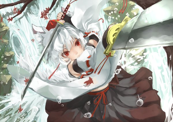 Anime picture 1200x848 with touhou inubashiri momiji rikkido single looking at viewer short hair red eyes animal ears silver hair girl weapon plant (plants) hat detached sleeves sword tree (trees) katana bubble (bubbles)
