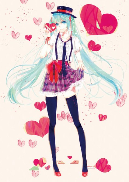 Anime picture 867x1227 with vocaloid hatsune miku vient single long hair tall image looking at viewer blue eyes smile twintails aqua hair girl thighhighs black thighhighs hat necktie heart suspenders envelope