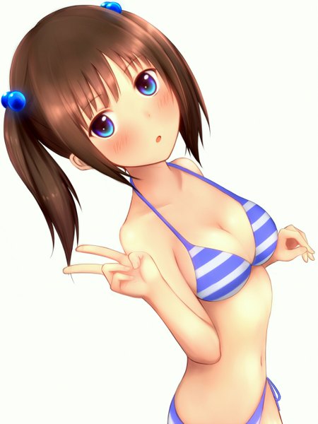 Anime picture 1024x1365 with original 96tuki single tall image looking at viewer blush breasts open mouth blue eyes light erotic simple background brown hair white background bare shoulders victory girl navel hair ornament swimsuit bikini