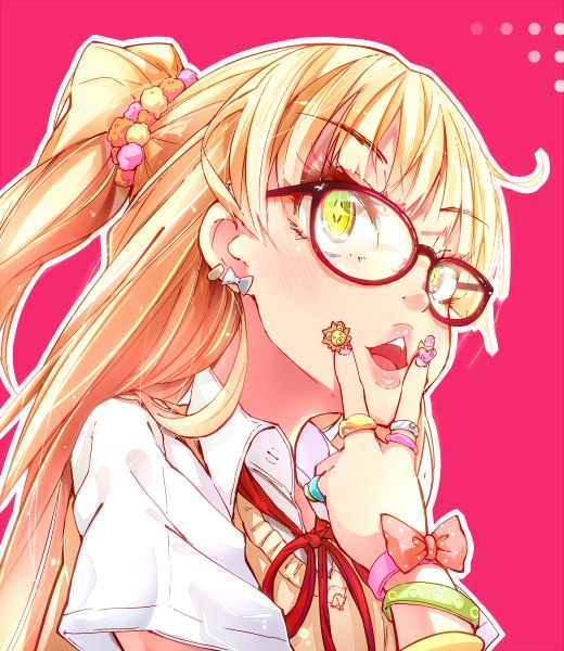 Anime picture 1040x1200 with idolmaster idolmaster cinderella girls pixiv jougasaki rika hato haru single long hair tall image looking at viewer blush fringe open mouth blonde hair green eyes yellow eyes nail polish two side up bespectacled girl hair ornament