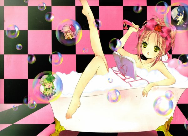 Anime picture 3493x2541 with shugo chara! hinamori amu ran (shugo chara!) suu (shugo chara!) miki (shugo chara!) highres short hair blue eyes blonde hair twintails blue hair pink hair absurdres eyes closed pink eyes nude checkered background girl bow hair bow