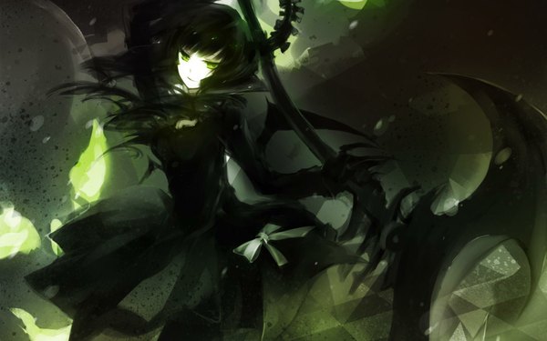 Anime picture 1680x1050 with black rock shooter dead master single long hair black hair wide image green eyes horn (horns) serious girl dress bow weapon wings black dress scythe
