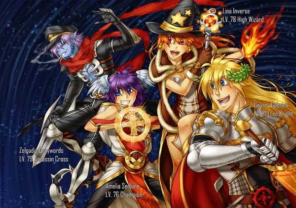 Anime picture 1600x1124 with slayers ragnarok online j.c. staff lina inverse gourry gabriev zelgadiss graywords amelia wil tesla seyruun high wizard lord knight assassin cross champion piku-chan long hair fringe short hair open mouth blue eyes blonde hair smile red eyes