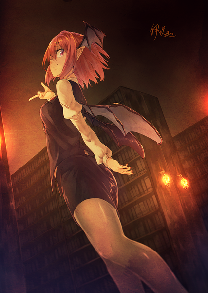 Anime picture 967x1358 with touhou koakuma ibuki notsu single tall image short hair red eyes signed looking away red hair indoors pointy ears dark background alternate hairstyle demon wings head wings alternate hair length girl skirt miniskirt