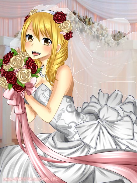 Anime picture 1024x1365 with fairy tail lucy heartfilia mmdlucyextend single long hair tall image blush open mouth blonde hair smile bare shoulders brown eyes hair flower coloring wedding girl dress hair ornament flower (flowers) bow
