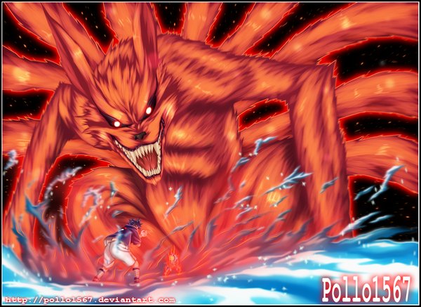 Anime picture 1295x944 with naruto studio pierrot naruto (series) uzumaki naruto uchiha sasuke kurama (kyuubi) pollo1567 short hair open mouth black hair blonde hair teeth coloring magic glowing glowing eye (eyes) multiple tails angry sharp teeth jinchuriki