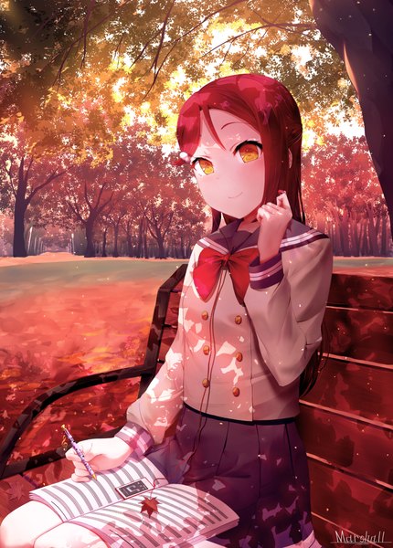 Anime picture 789x1100 with love live! sunshine!! sunrise (studio) love live! sakurauchi riko marshall (wahooo) single long hair tall image looking at viewer blush fringe smile sitting holding signed yellow eyes outdoors red hair long sleeves pleated skirt