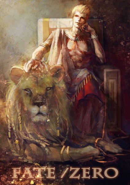 Anime picture 2480x3508 with fate (series) fate/stay night fate/zero studio deen type-moon gilgamesh (fate) shouka single tall image highres short hair blonde hair red eyes light smile inscription topless head rest boy animal throne