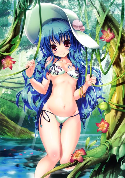 Anime picture 2844x4029 with touhou hinanawi tenshi maruchan single long hair tall image looking at viewer blush highres light erotic smile red eyes blue hair scan river girl navel flower (flowers) swimsuit plant (plants)