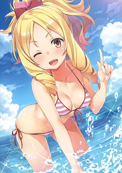Anime picture 2478x3500 with eromanga sensei yamada elf yuuki hagure single long hair tall image looking at viewer blush highres breasts open mouth light erotic blonde hair sky cleavage cloud (clouds) outdoors ponytail one eye closed wink
