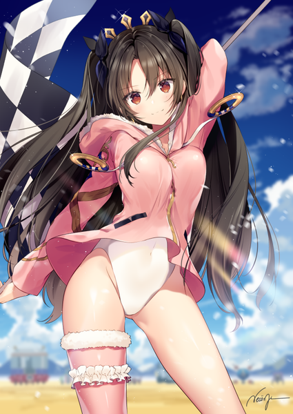 Anime picture 600x847 with fate (series) fate/grand order ishtar (fate) ishtar (swimsuit rider) (fate) necomi (gussan) single long hair tall image looking at viewer blush fringe light erotic hair between eyes red eyes standing holding signed payot cloud (clouds) light smile