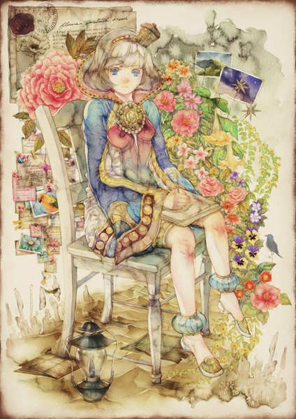 Anime picture 1500x2122 with gensou suikoden manaril yogisya single tall image looking at viewer short hair blue eyes sitting silver hair wide sleeves girl dress flower (flowers) plant (plants) animal bird (birds) chair lamp photo (object)