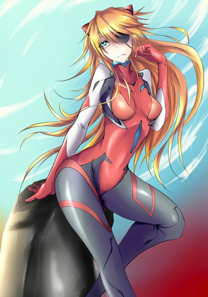 Anime picture 1025x1463 with neon genesis evangelion gainax soryu asuka langley sangyo haikimono single long hair tall image blonde hair aqua eyes looking up girl bodysuit eyepatch