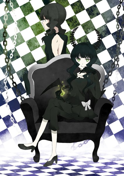 Anime picture 2480x3508 with black rock shooter dead master takanashi yomi michoko long hair tall image looking at viewer highres black hair smile sitting multiple girls green eyes looking back horn (horns) black wings checkered checkered background multiple persona girl