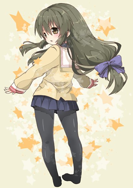 Anime picture 707x1000 with clannad key (studio) ibuki fuuko chitetan single long hair tall image blush open mouth brown hair brown eyes looking away from behind no shoes spread arms low ponytail girl uniform bow hair bow