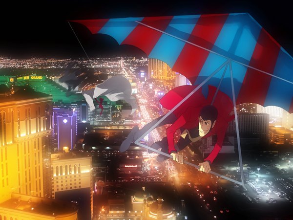 Anime picture 2185x1639 with lupin iii arsene lupin iii zz highres short hair brown hair brown eyes night city flying boy necktie building (buildings) pants coat