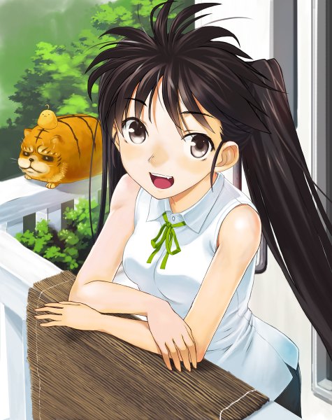 Anime picture 950x1200 with original hirokiku single long hair tall image looking at viewer open mouth black hair bare shoulders ponytail black eyes teeth fang (fangs) girl plant (plants) animal tree (trees) bird (birds) cat balcony