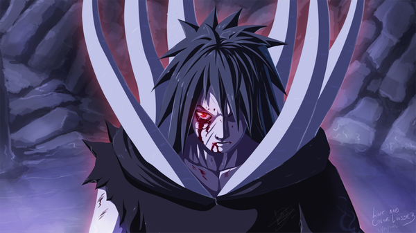 Anime picture 1920x1080 with naruto studio pierrot naruto (series) uchiha obito tobi luisseb single long hair fringe highres black hair red eyes wide image hair over one eye coloring torn clothes scar akatsuki sharingan boy