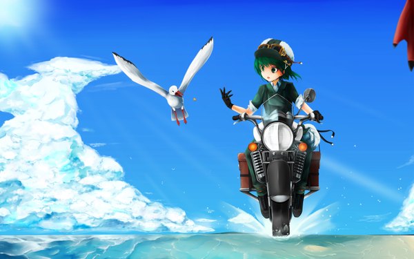 Anime picture 1500x938 with kino no tabi kino (kino no tabi) ilis (artist) fringe short hair open mouth wide image green eyes sky green hair gloves animal boots sea bird (birds) goggles motorcycle seagull