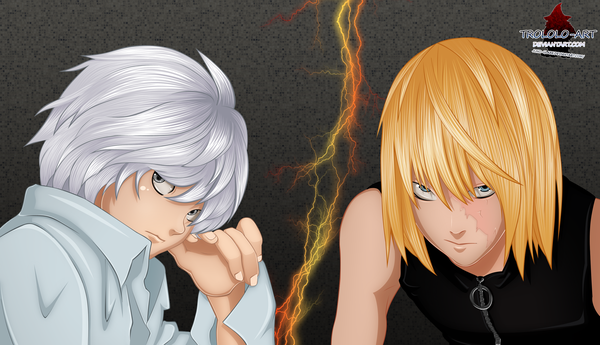Anime picture 2800x1610 with death note madhouse mello (mihael keehl) near juno-glare highres short hair blue eyes blonde hair wide image silver hair grey background multiple boys grey eyes coloring boy shirt 2 boys