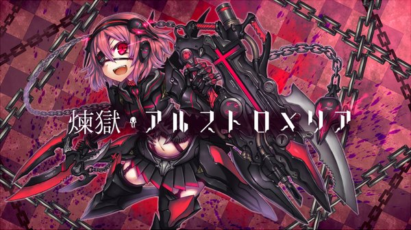 Anime picture 1500x843 with original gia single looking at viewer fringe short hair open mouth red eyes wide image pink hair pleated skirt teeth fang (fangs) checkered checkered background girl skirt weapon boots gun