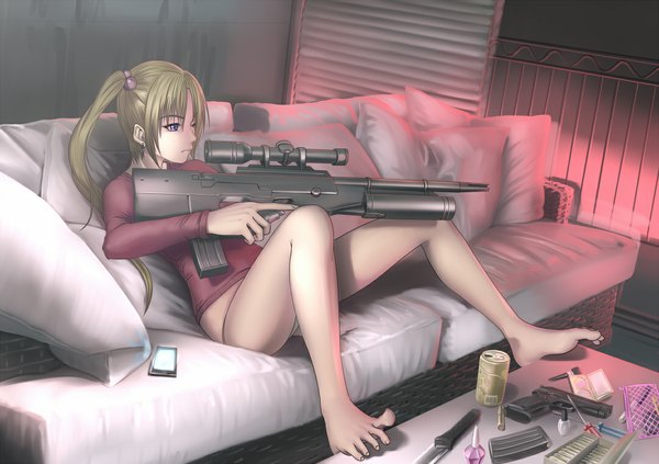 Anime picture 1080x763 with raybar (artist) light erotic blonde hair purple eyes one eye closed barefoot wink girl weapon pillow gun couch table drink alcohol rifle beer