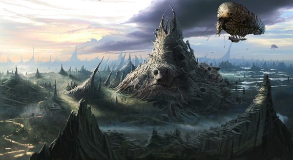 Anime picture 1400x766 with original adoc (artist) wide image landscape fantasy rock panorama skull aircraft airship