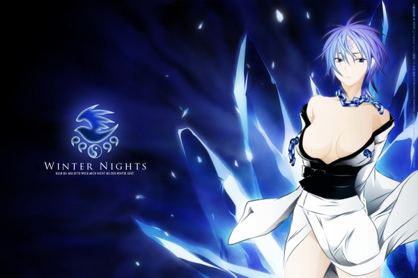 Anime picture 1600x1064 with sekirei breasts blue eyes light erotic blue hair winter nights