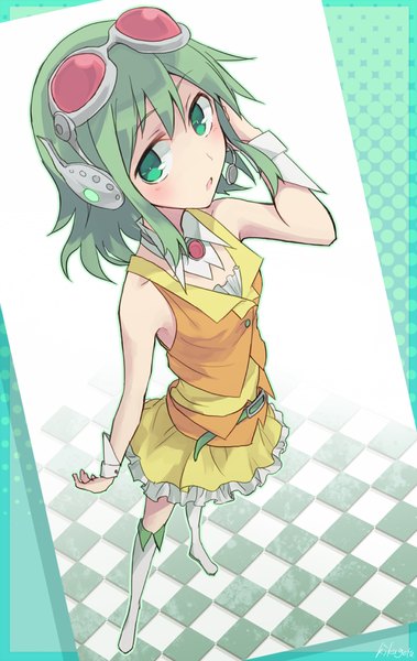 Anime picture 700x1106 with vocaloid gumi kikugetsu single tall image blush short hair bare shoulders green eyes signed looking away green hair from above checkered floor girl headphones wrist cuffs knee boots goggles