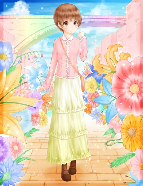 Anime picture 850x1106 with original noppi (noppi 98) single tall image blush short hair smile brown hair brown eyes looking away cloud (clouds) girl flower (flowers)