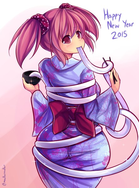 Anime picture 1292x1750 with mahou shoujo madoka magica shaft (studio) kaname madoka maullarmaullar single tall image blush short hair light erotic red eyes signed pink hair traditional clothes japanese clothes looking back from behind new year happy new year 2015 girl