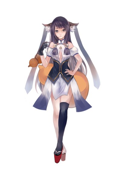 Anime picture 2480x3707 with yu (kongxiang) single long hair tall image fringe highres simple background brown hair white background bare shoulders holding brown eyes animal ears cleavage puffy sleeves hand on hip walking girl thighhighs ribbon (ribbons)
