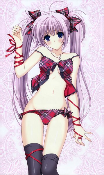 Anime picture 2093x3506 with suzuhira hiro single long hair tall image looking at viewer blush highres blue eyes light erotic underwear only girl thighhighs navel underwear panties bow ribbon (ribbons) hair bow pendant