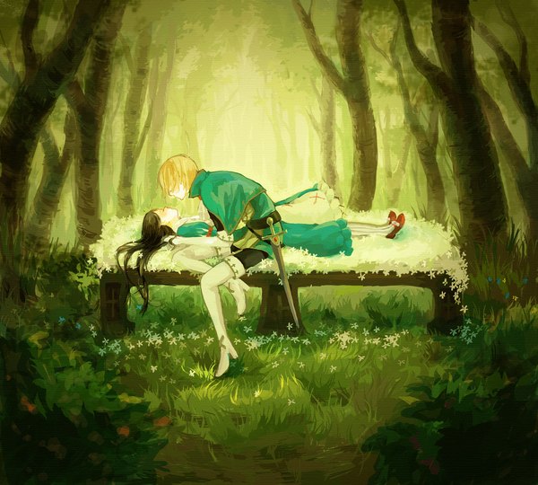 Anime picture 1450x1305 with sound horizon snow white schneewittchen ray (artist) long hair short hair black hair blonde hair lying eyes closed girl dress boy flower (flowers) sword tree (trees) forest