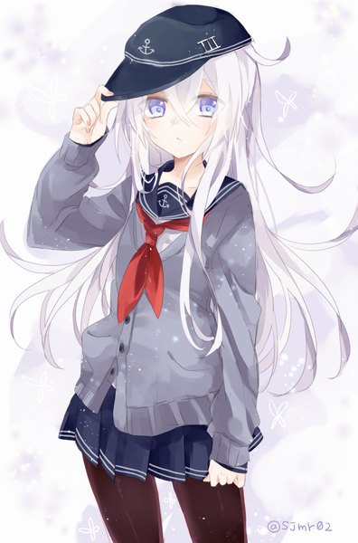 Anime picture 600x908 with kantai collection hibiki destroyer shijima (sjmr02) single long hair tall image looking at viewer hair between eyes purple eyes signed silver hair adjusting hat girl uniform pantyhose serafuku cardigan flat cap anchor symbol