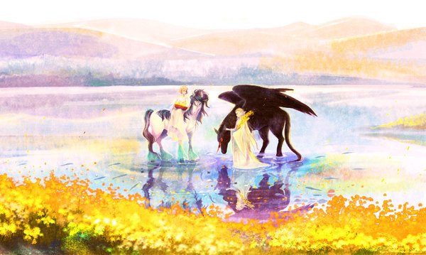Anime picture 1656x992 with original pixiv fantasia pixiv fantasia iv aohato (artist) long hair short hair blonde hair red eyes wide image multiple girls horn (horns) pointy ears reflection landscape girl dress 2 girls petals wings water