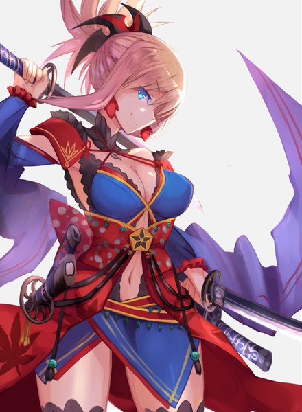 Anime picture 1214x1655 with fate (series) fate/grand order miyamoto musashi (fate) wse (charlie70189) single tall image looking at viewer fringe breasts blue eyes light erotic simple background smile hair between eyes large breasts standing bare shoulders holding payot pink hair