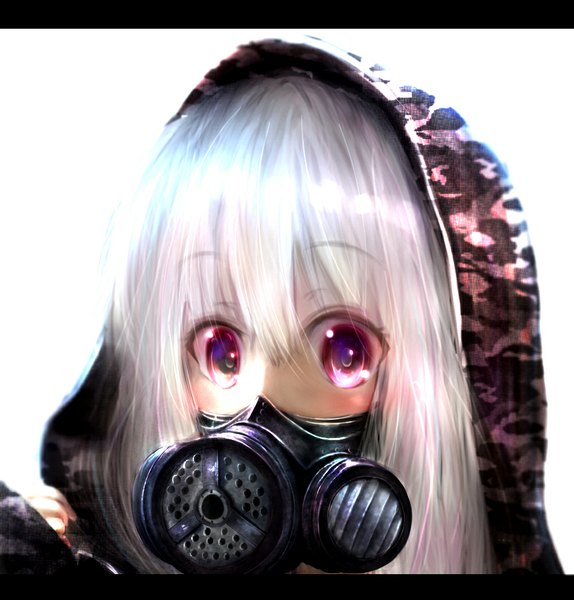Anime picture 1000x1045 with original pops single long hair tall image looking at viewer blush fringe white hair pink eyes close-up girl hood respirator