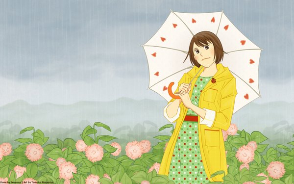 Anime picture 1920x1200 with nodame cantabile j.c. staff noda megumi single highres short hair wide image rain girl flower (flowers) umbrella hydrangea