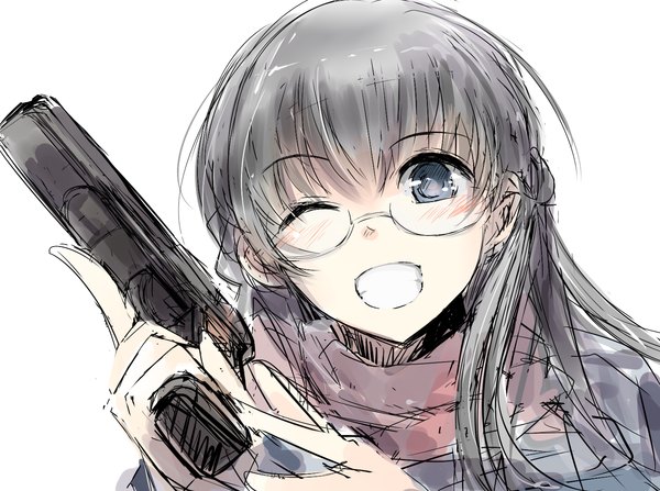Anime picture 1495x1115 with black lagoon madhouse washimine yukio nao (qqqbb) single long hair looking at viewer fringe open mouth simple background white background holding one eye closed grey hair wink grey eyes close-up clenched teeth girl weapon